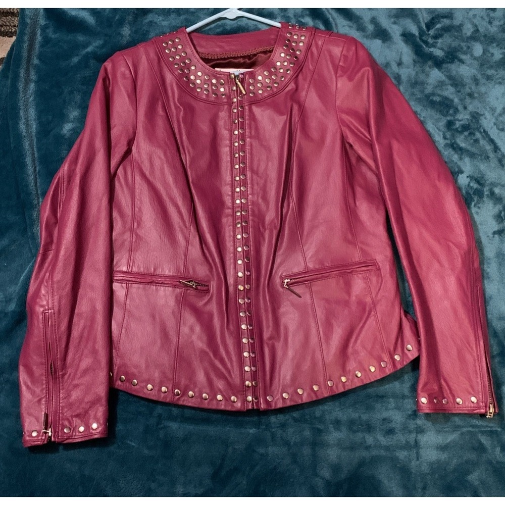 womens Bradley Bayou Leather Jacket studded‎ full zip Fuschia S